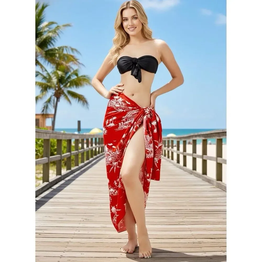 Women’s Beach Swim Wrap Cover Up Floral Pink Sarong Pareo USA Made NEW